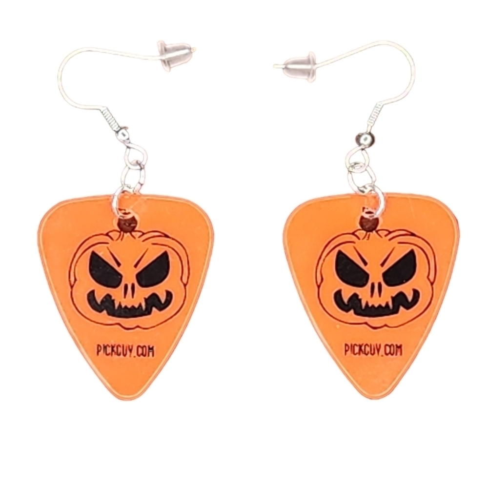 Orange Spooky Pumpkin Guitar Pick Earrings Surgical Stainless Steel with Bag
